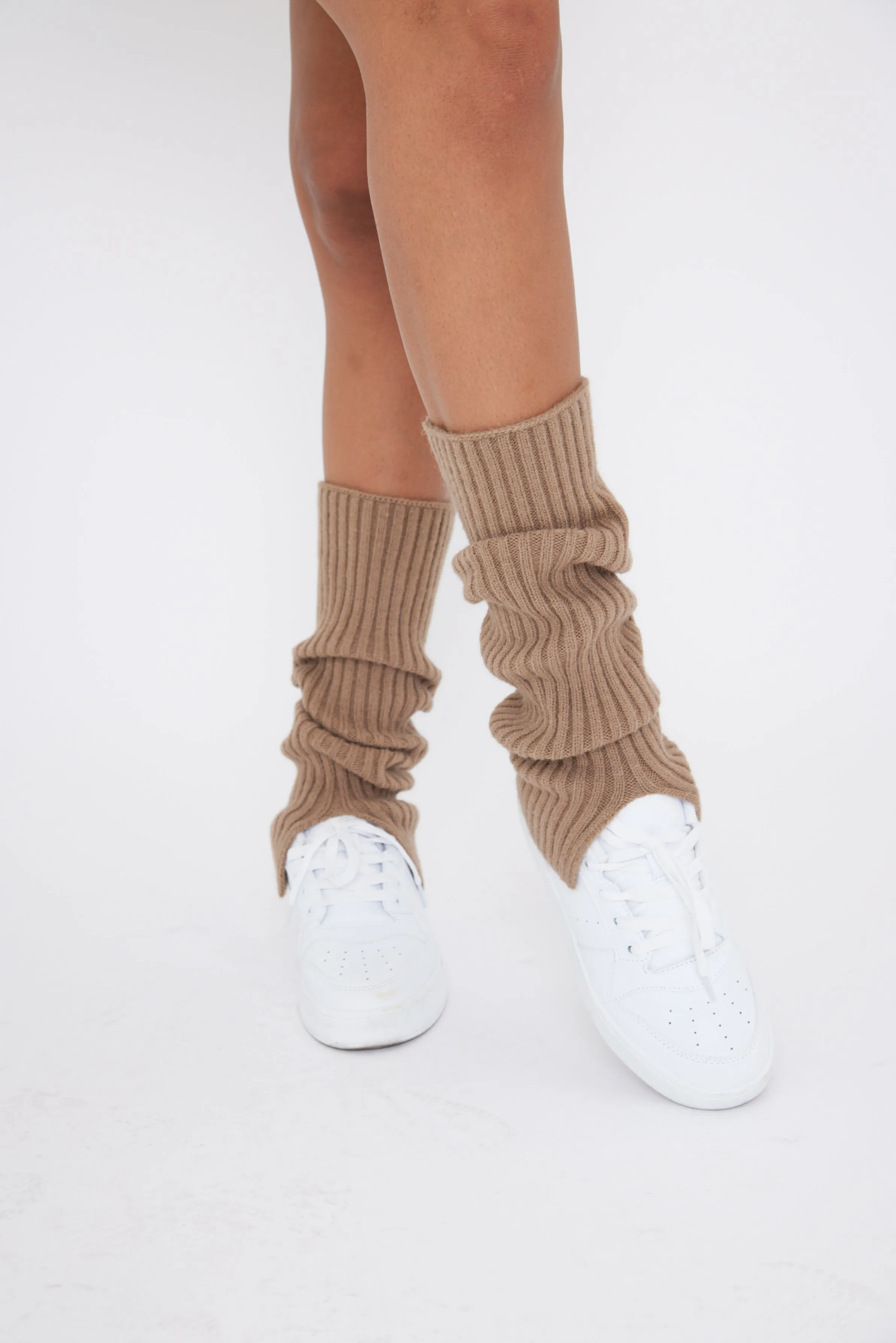 Ribbed Knitted Leg Warmers with Slits in Brown