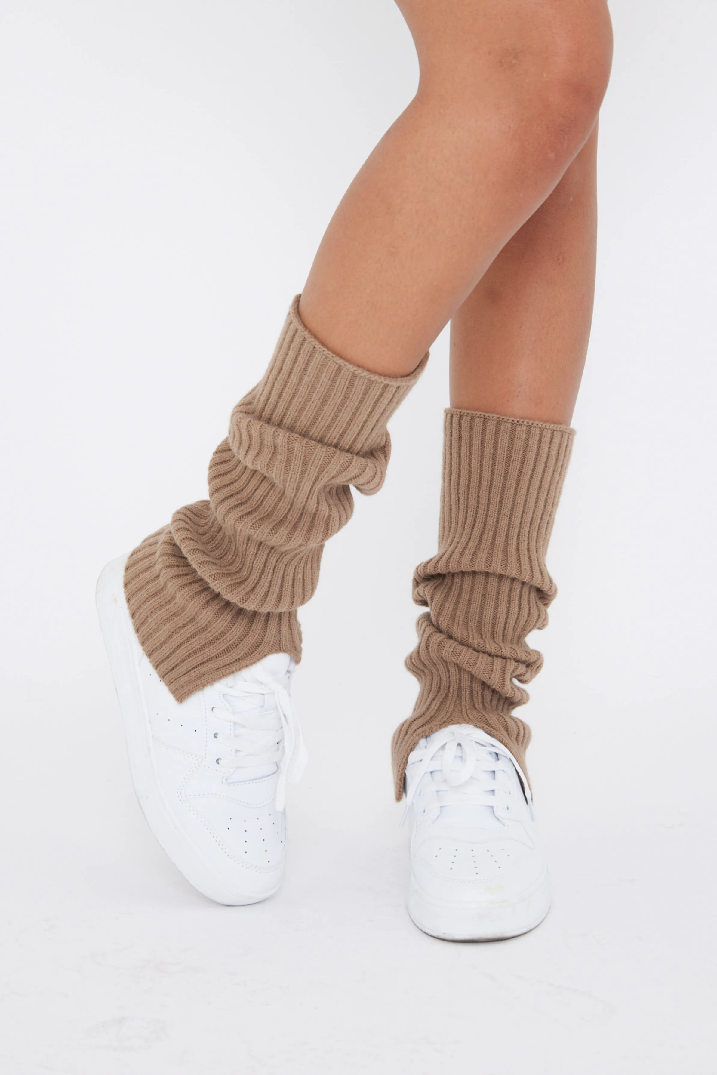 Ribbed Knitted Leg Warmers with Slits in Brown