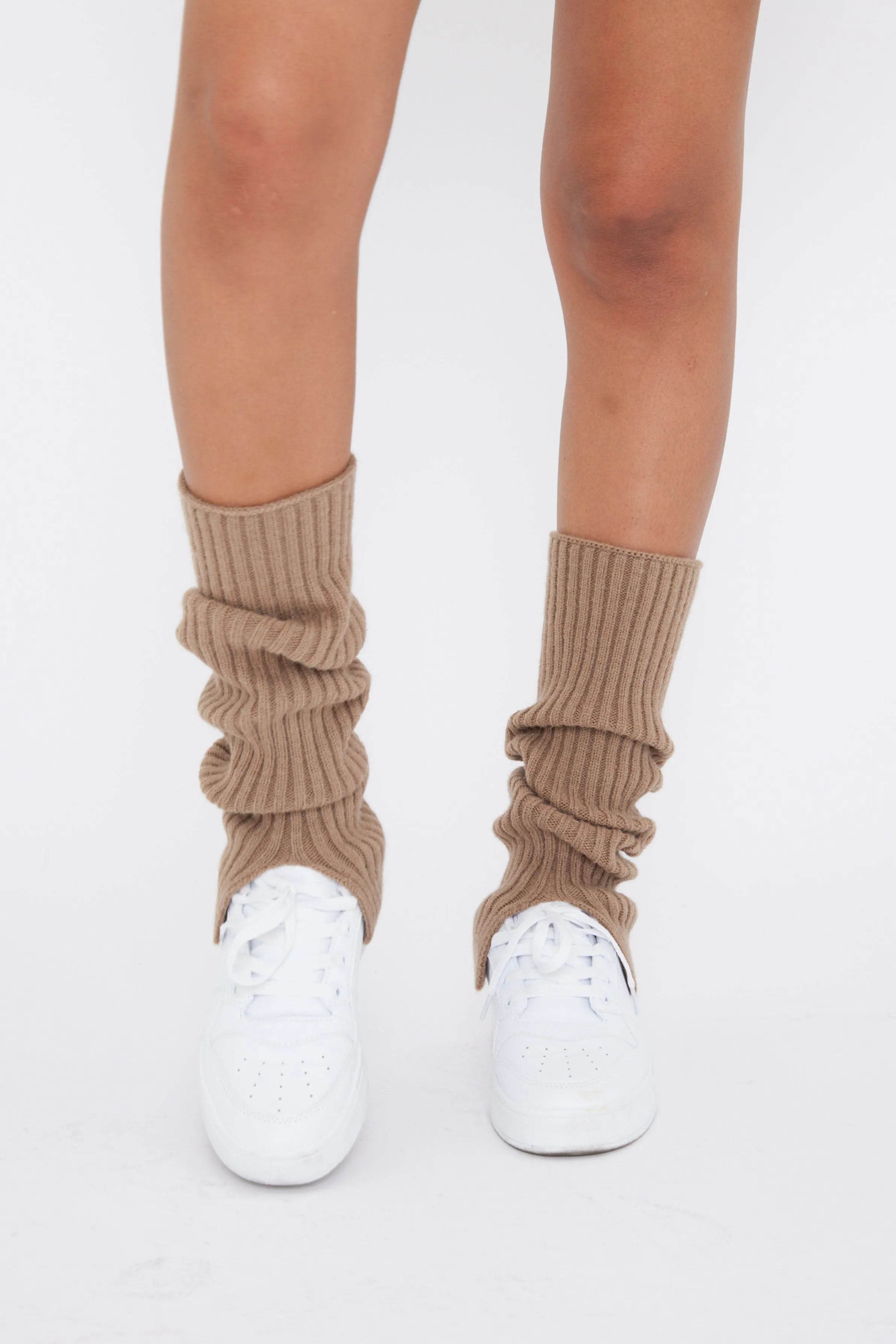 Ribbed Knitted Leg Warmers with Slits in Brown