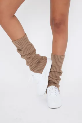 Ribbed Knitted Leg Warmers with Slits in Brown