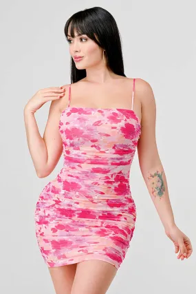 ROMANCE MESH FLORAL PRINT BODYCON MINI DRESS