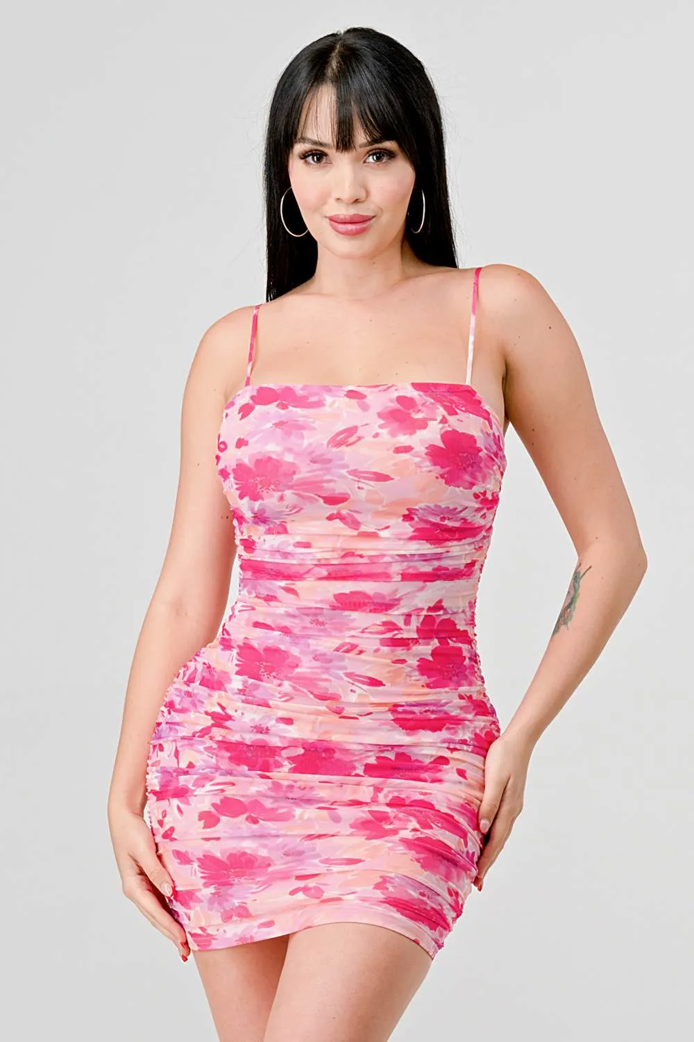 ROMANCE MESH FLORAL PRINT BODYCON MINI DRESS
