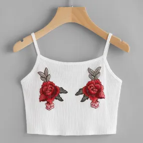 Rose Embroidery Cami Spaghetti Strap Floral Knitted Cami Top Sexy Women Tank Shirt Vest Tops camis n verano mujer