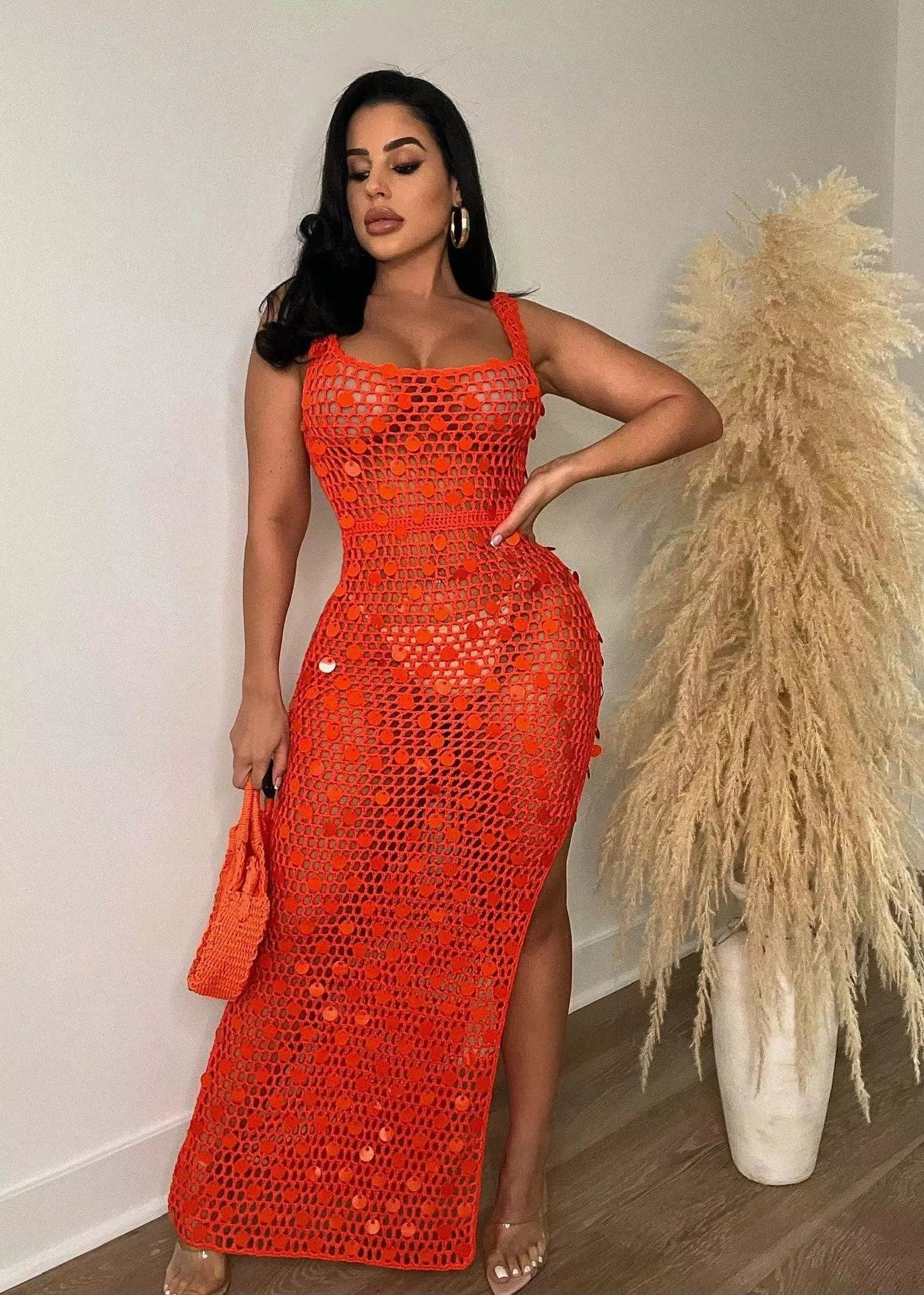 Sexy hollow out handmade knitted sequin vest beach skirt AY2963