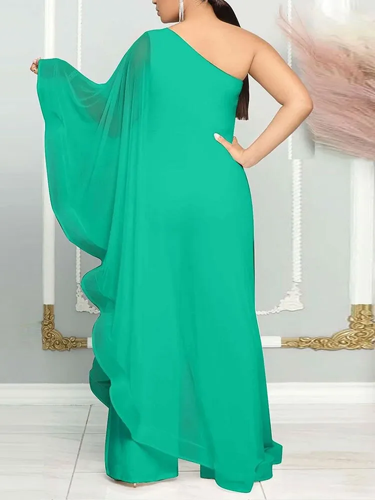 Sexy Multicolor One-Shoulder Sleeveless Spliced Stretch Jumpsuit
