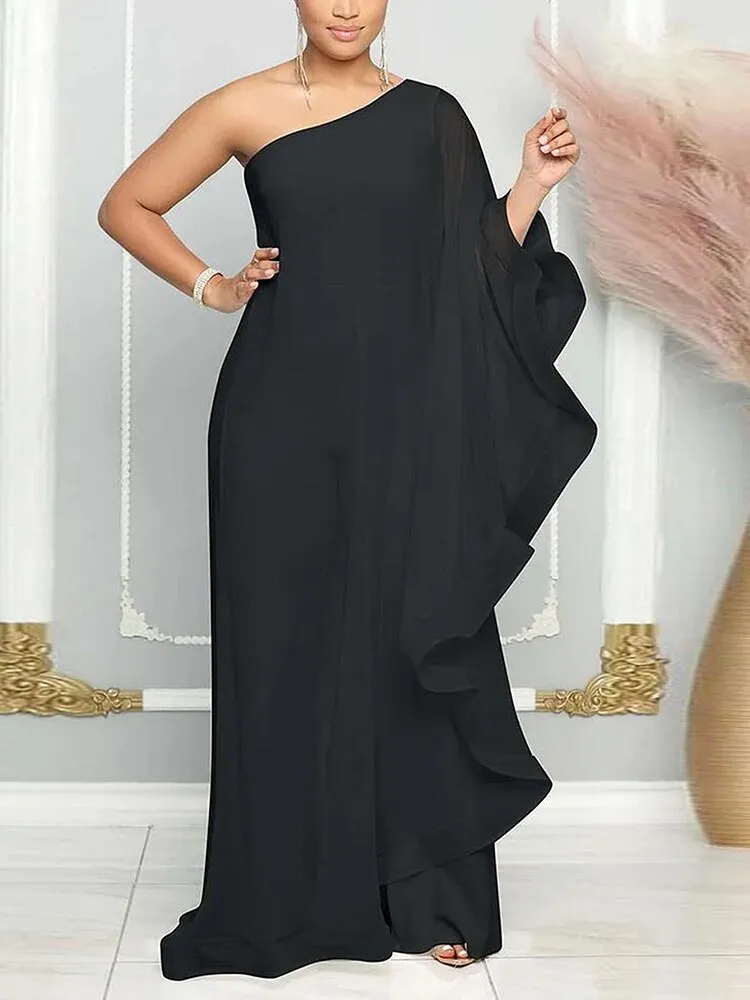 Sexy Multicolor One-Shoulder Sleeveless Spliced Stretch Jumpsuit