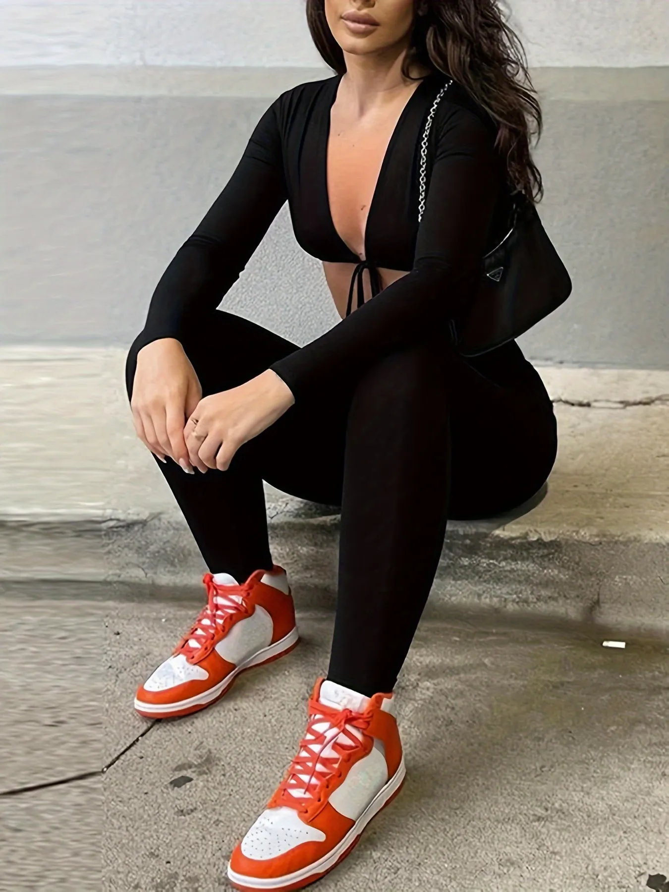 Sexy Solid Cut Out Long Sleeve Jumpsuit - Women's Long Length Drawstring Clothing - Fashionable Chic Outfit for Night Out or Party