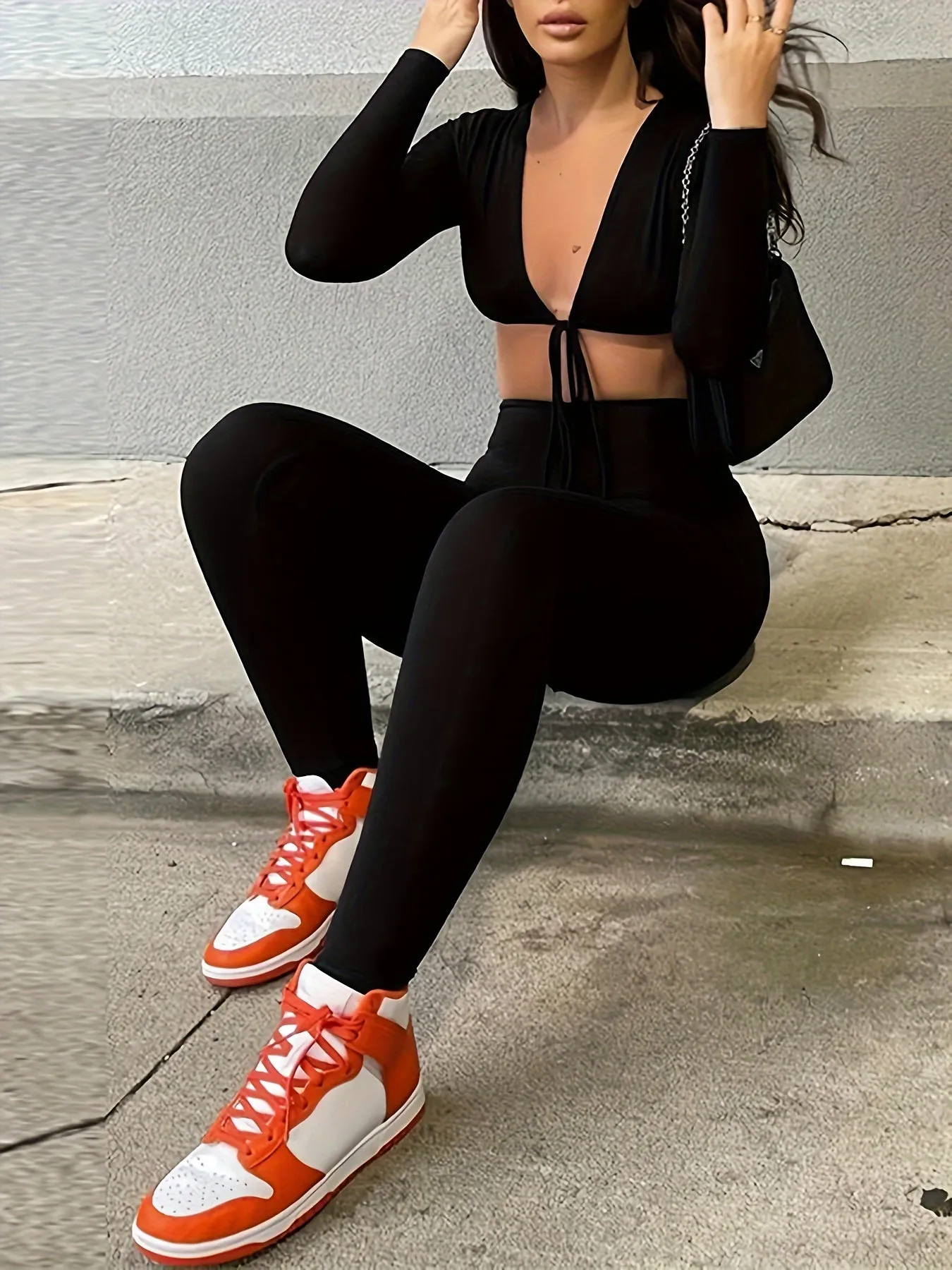 Sexy Solid Cut Out Long Sleeve Jumpsuit - Women's Long Length Drawstring Clothing - Fashionable Chic Outfit for Night Out or Party