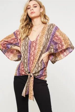 Snake Skin Kimono Blouse, Purple-Dusty Rose