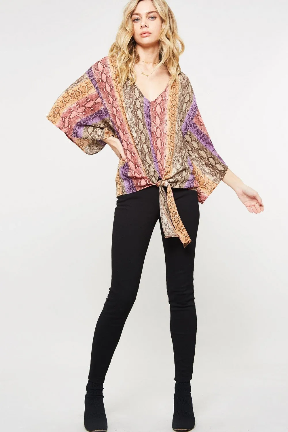 Snake Skin Kimono Blouse, Purple-Dusty Rose