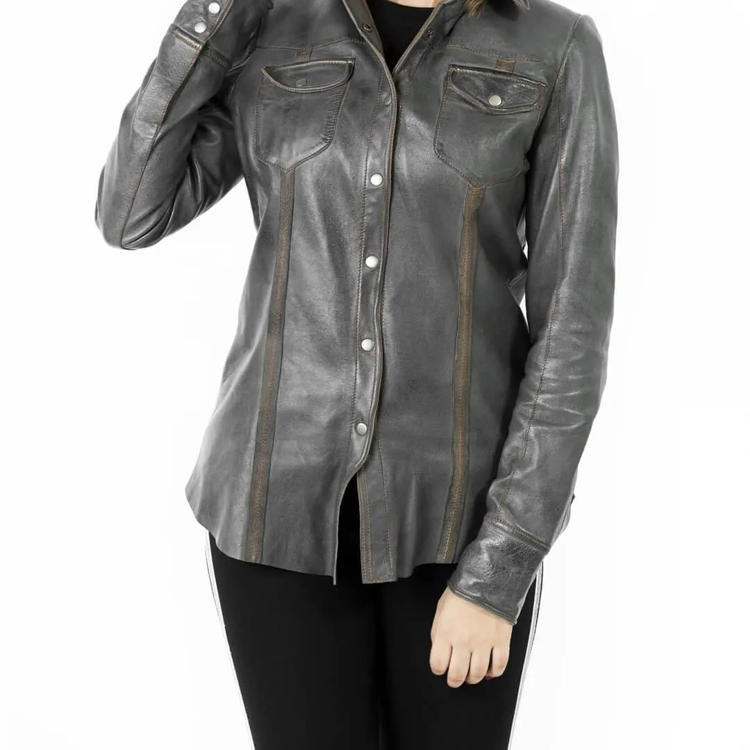 Steel Grey Leather Shirt Jacket