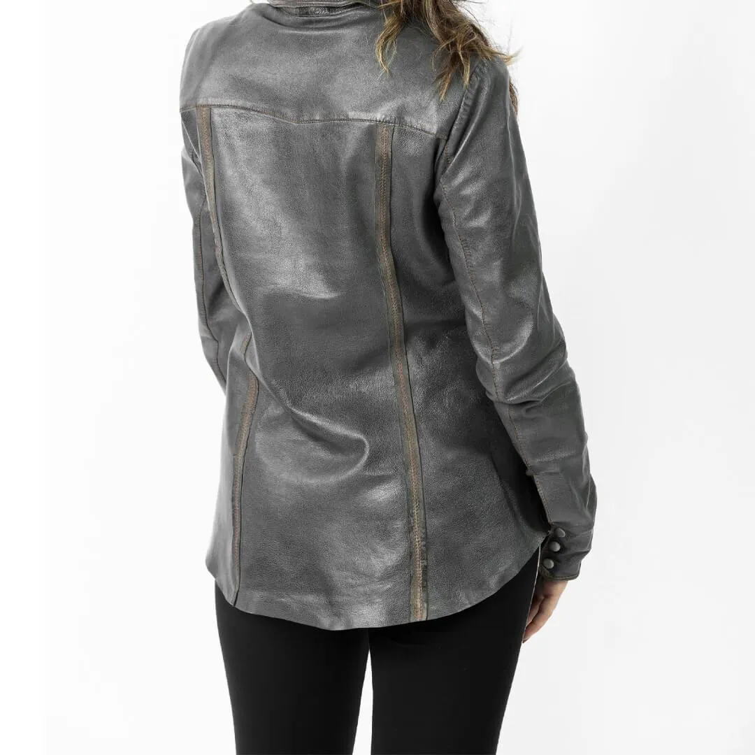 Steel Grey Leather Shirt Jacket