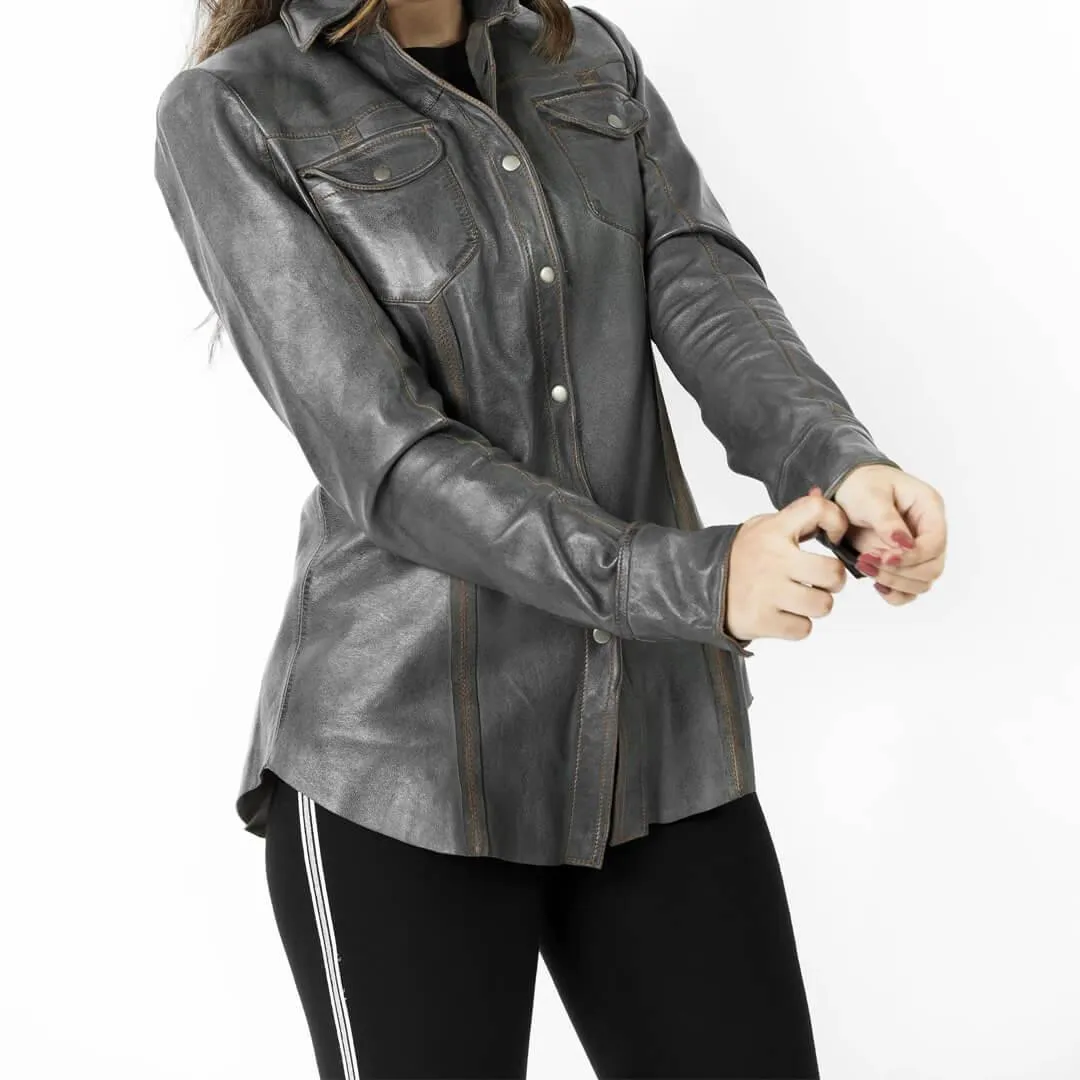 Steel Grey Leather Shirt Jacket