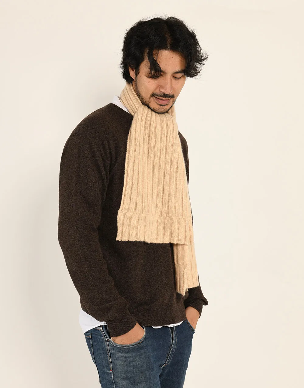 Thick-Rib Cashmere Scarf in Sand