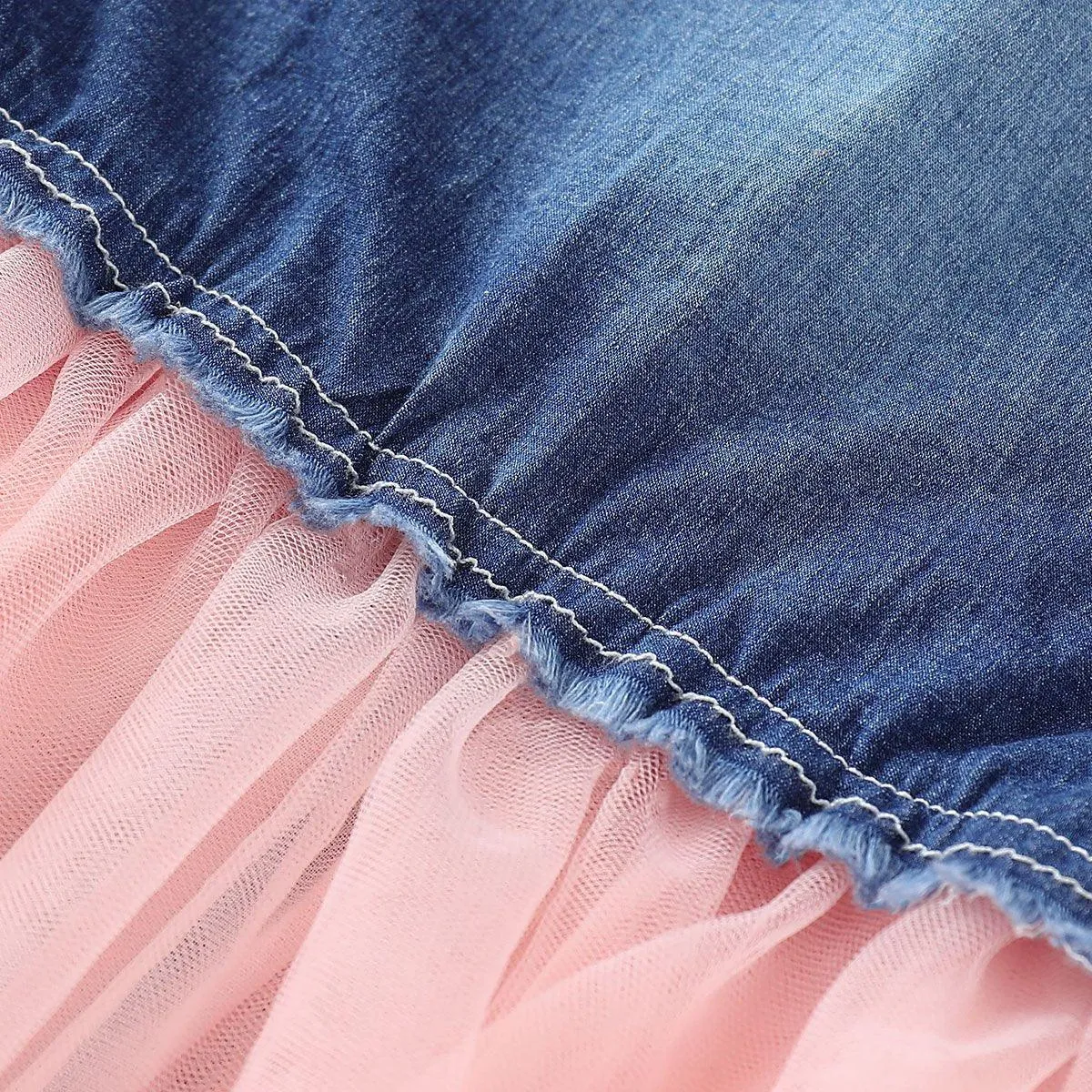 Toddler Girls Short Sleeve Denim Splice  Mesh Pleated Skirt