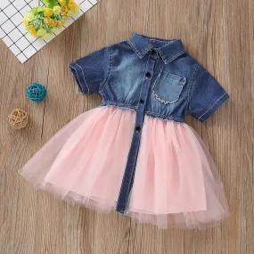 Toddler Girls Short Sleeve Denim Splice  Mesh Pleated Skirt