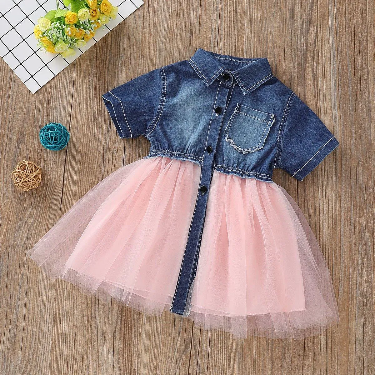 Toddler Girls Short Sleeve Denim Splice  Mesh Pleated Skirt