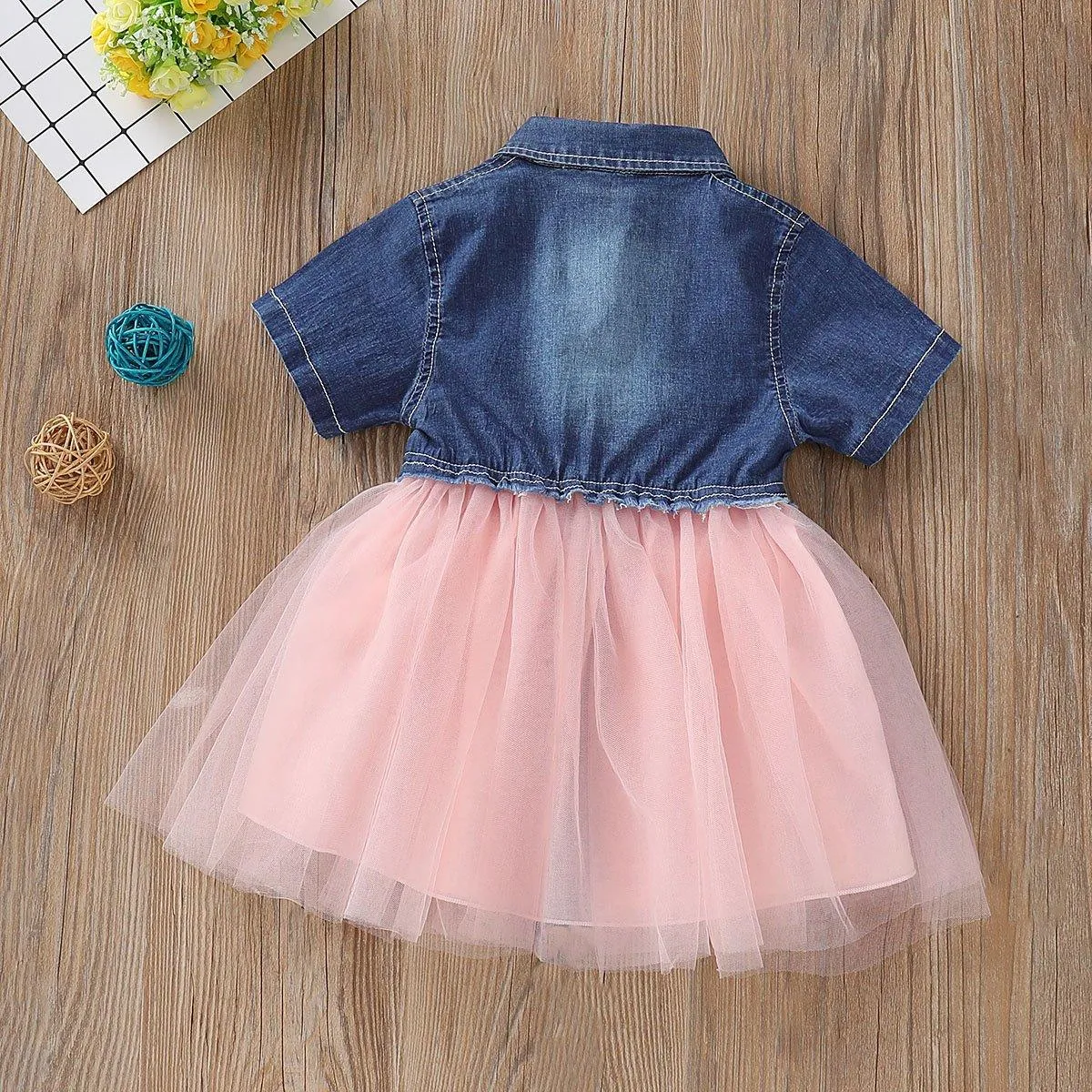 Toddler Girls Short Sleeve Denim Splice  Mesh Pleated Skirt