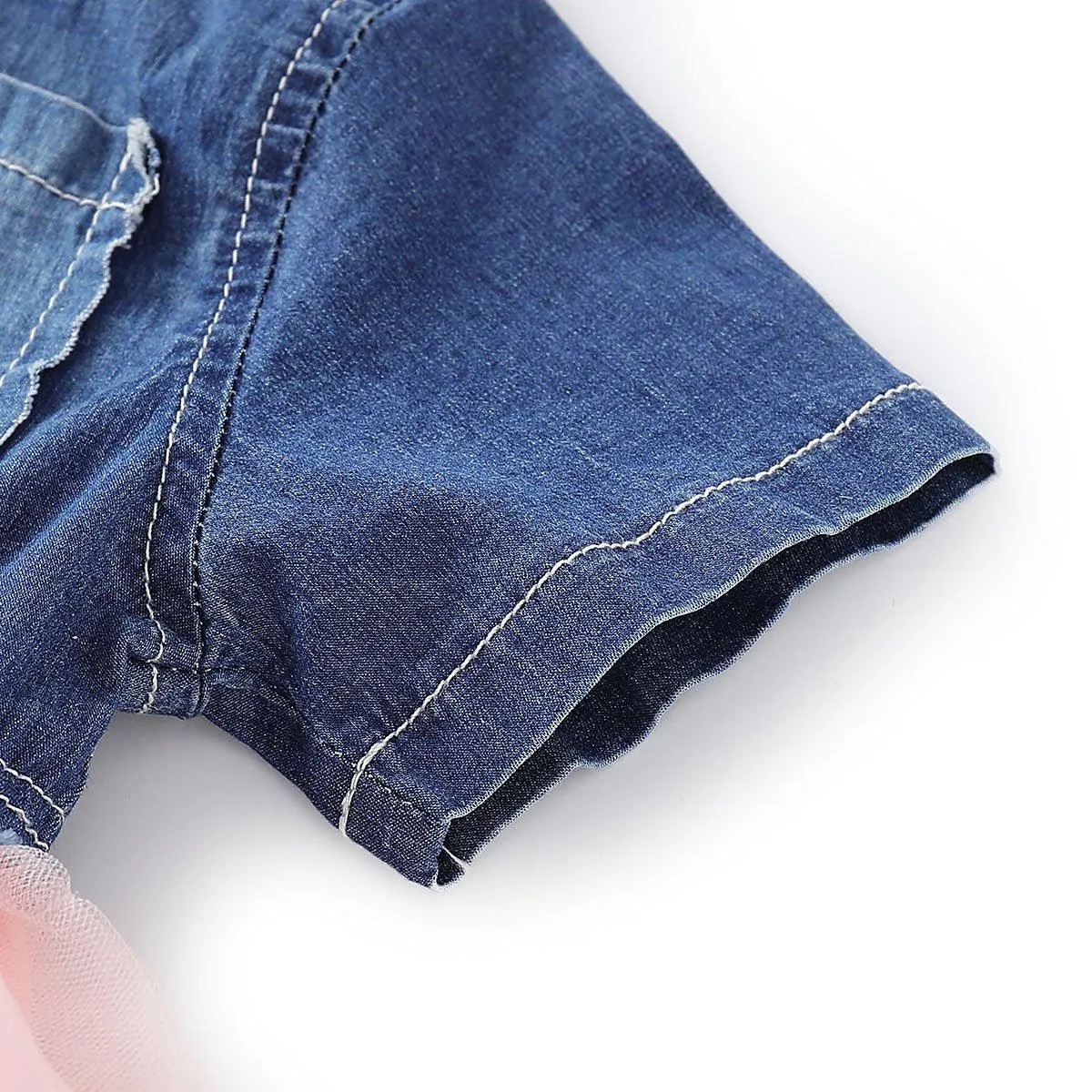 Toddler Girls Short Sleeve Denim Splice  Mesh Pleated Skirt