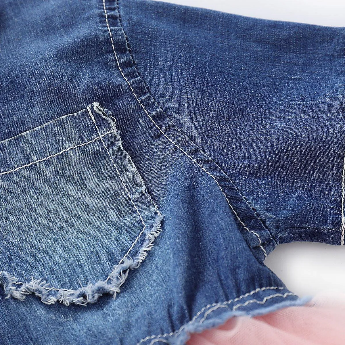 Toddler Girls Short Sleeve Denim Splice  Mesh Pleated Skirt