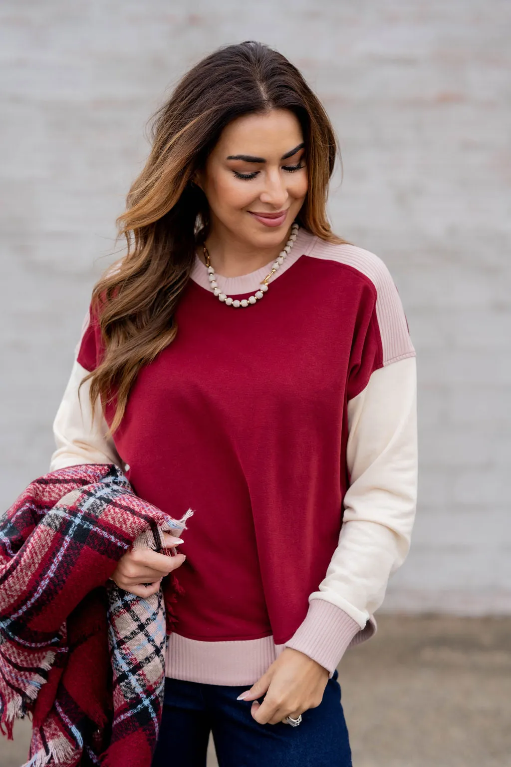 Tri Color Ribbed Trim Sweatshirt