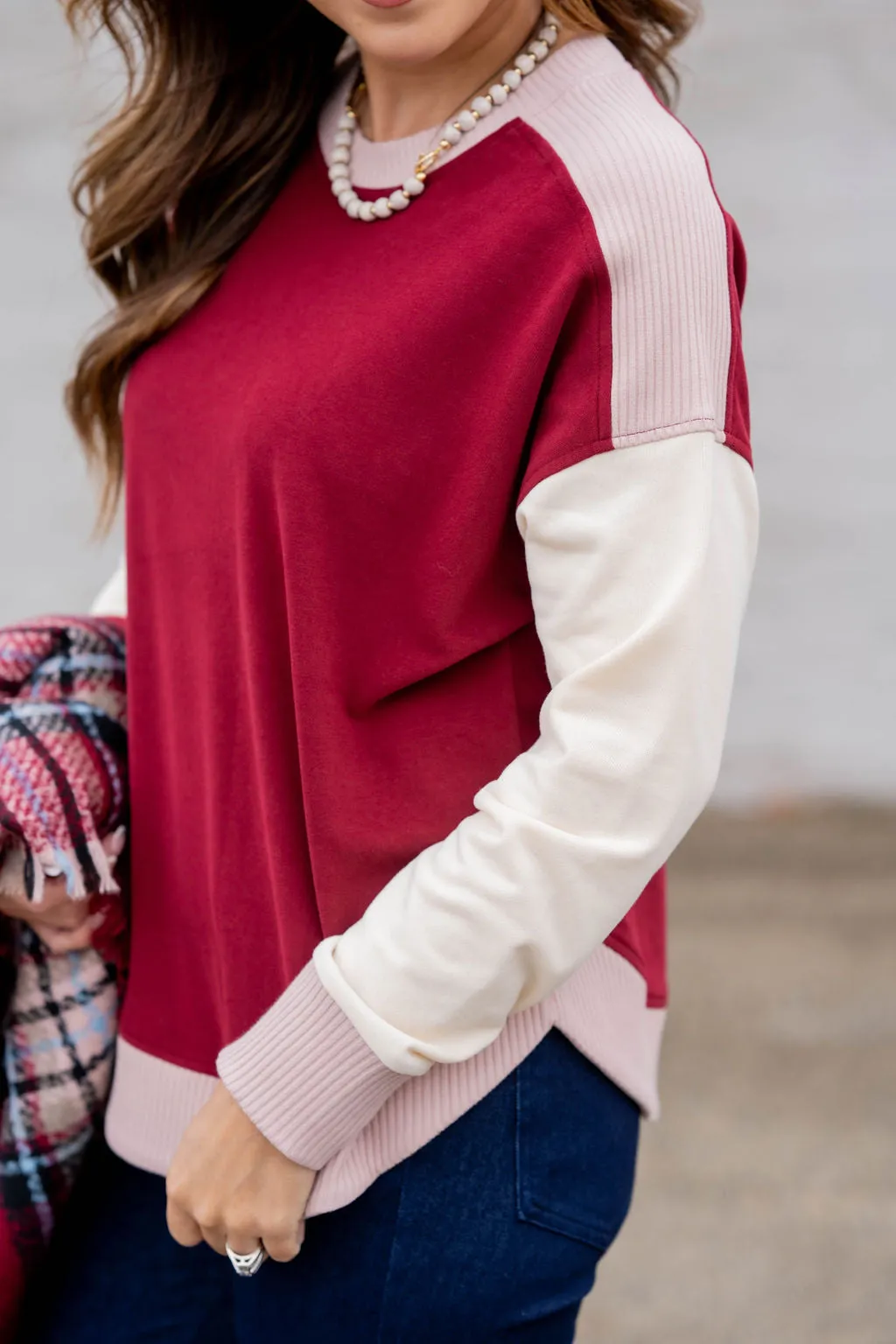Tri Color Ribbed Trim Sweatshirt