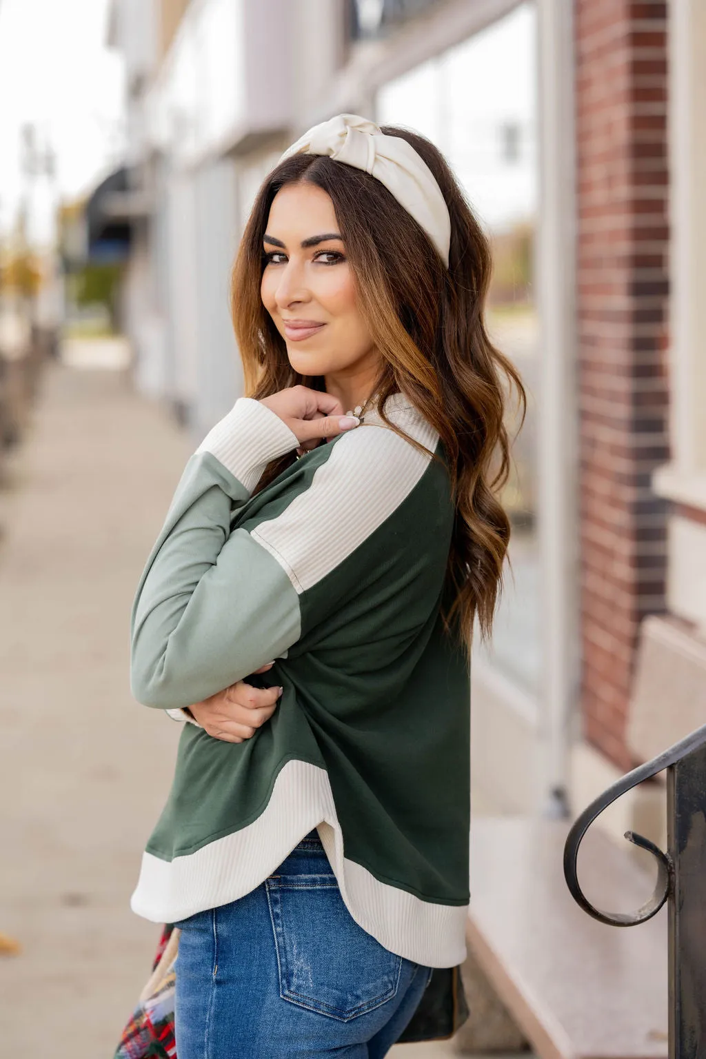 Tri Color Ribbed Trim Sweatshirt