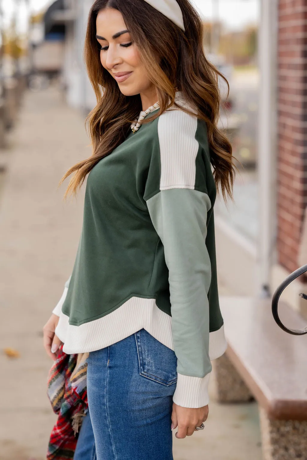 Tri Color Ribbed Trim Sweatshirt