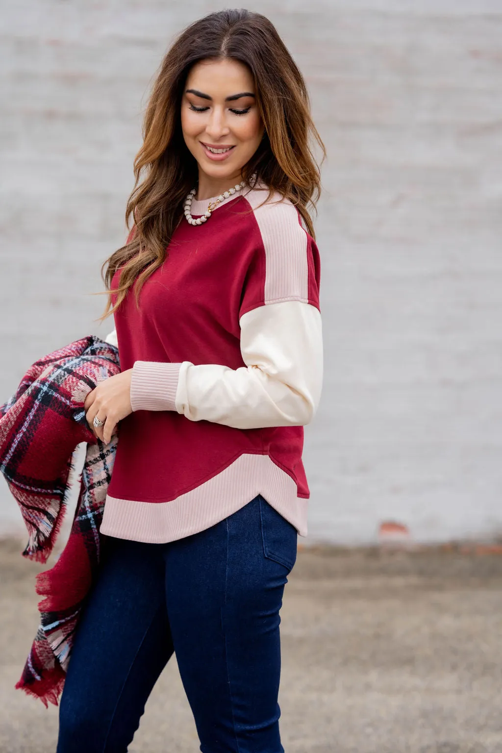 Tri Color Ribbed Trim Sweatshirt