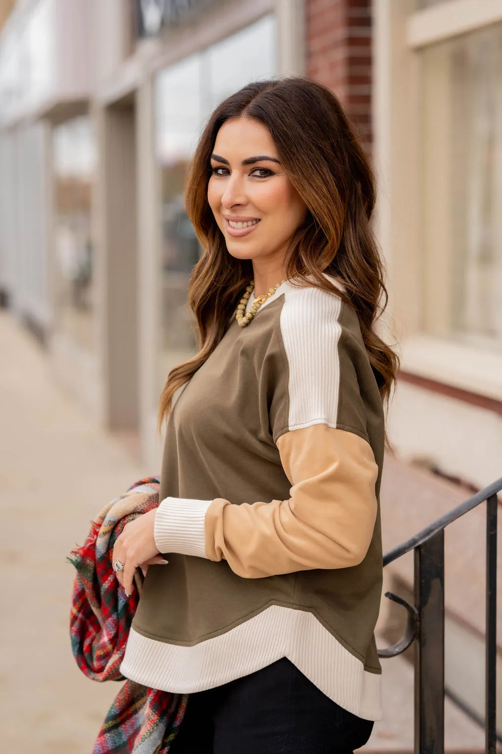 Tri Color Ribbed Trim Sweatshirt