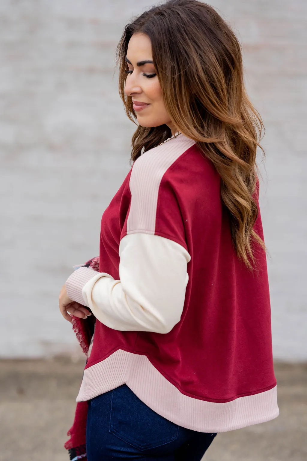 Tri Color Ribbed Trim Sweatshirt