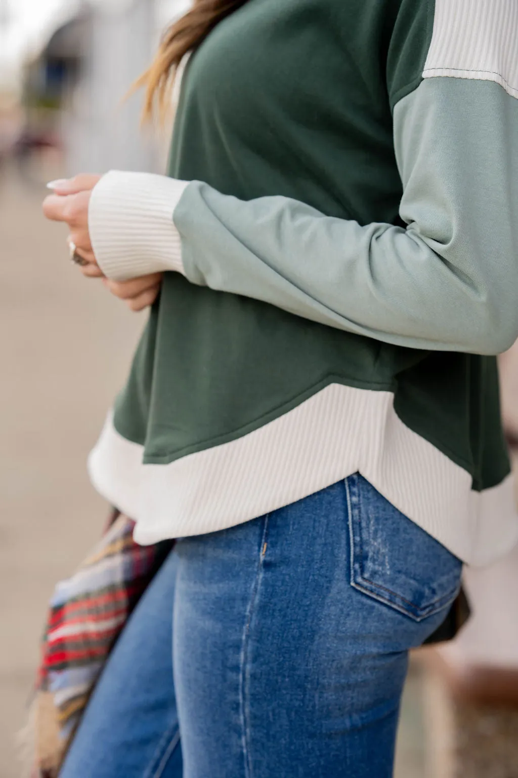 Tri Color Ribbed Trim Sweatshirt