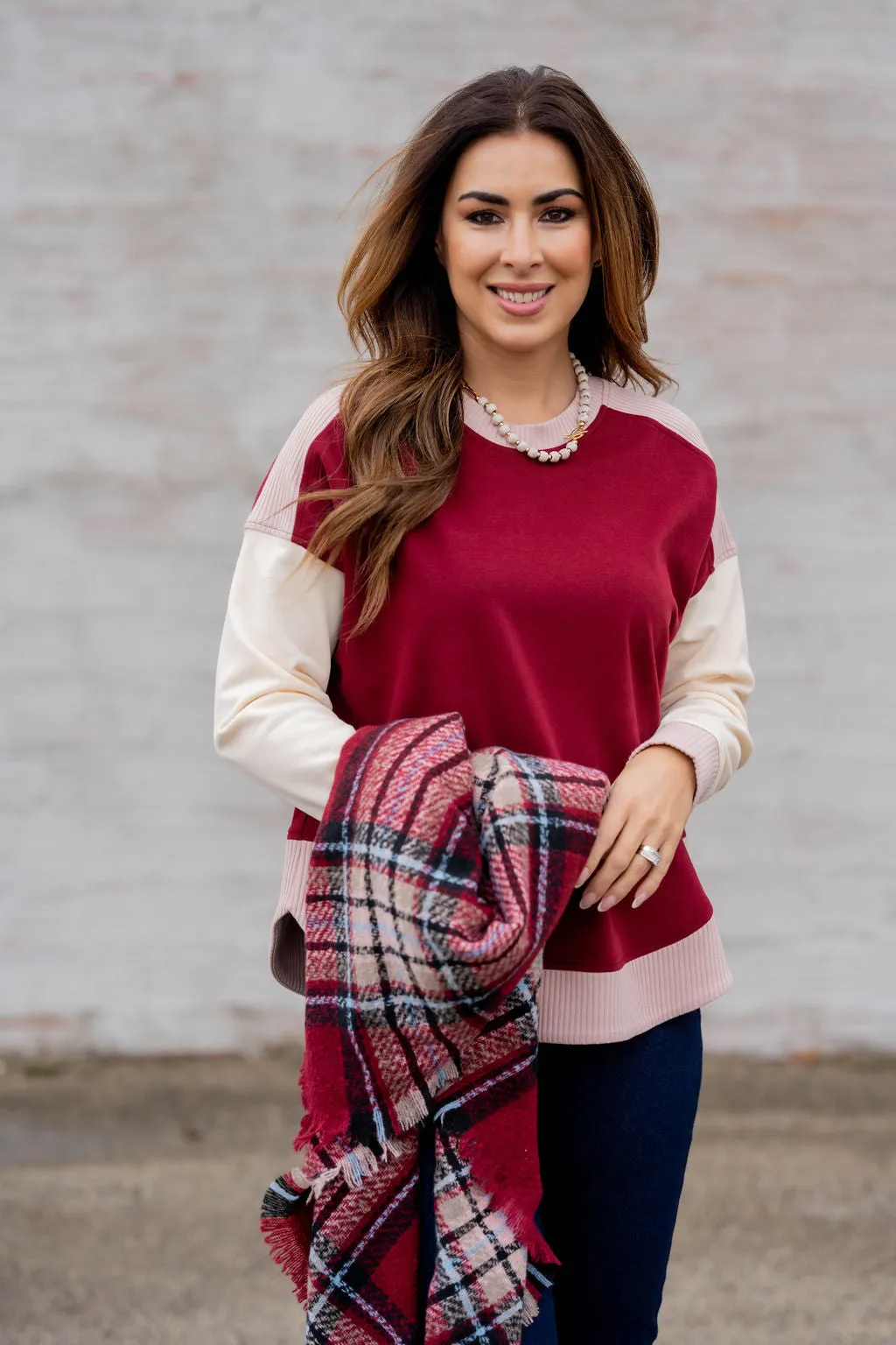 Tri Color Ribbed Trim Sweatshirt