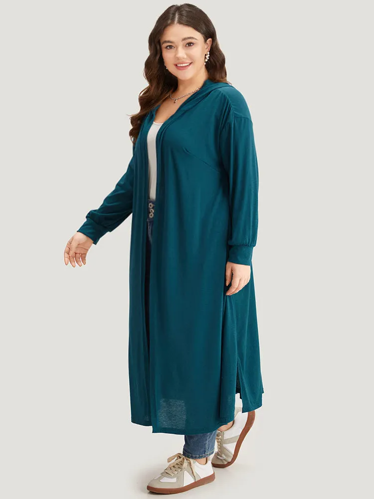 Tunic Plain Hooded Pocket Split Hem Kimono