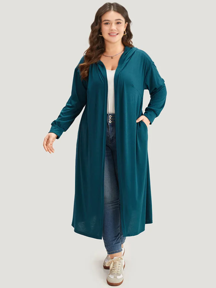 Tunic Plain Hooded Pocket Split Hem Kimono