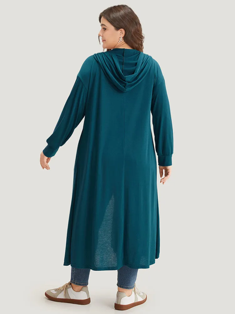 Tunic Plain Hooded Pocket Split Hem Kimono