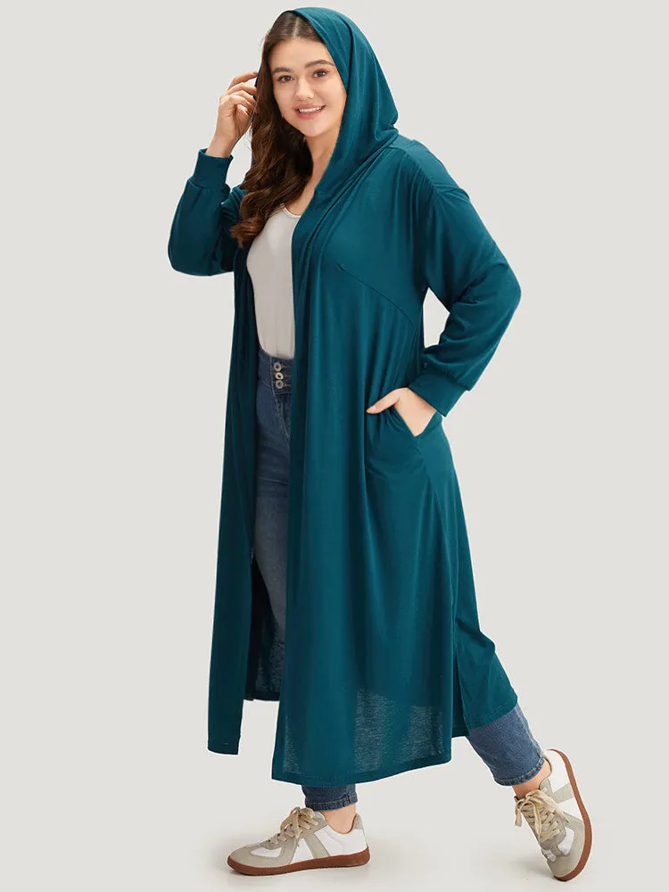 Tunic Plain Hooded Pocket Split Hem Kimono