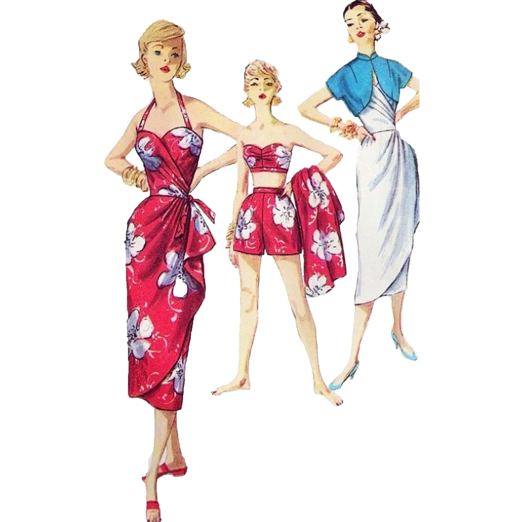 Vintage 1950s Pattern – Sarong Tiki Dress, Jacket, Bra & Shorts - Bust 36" (91.4cm)