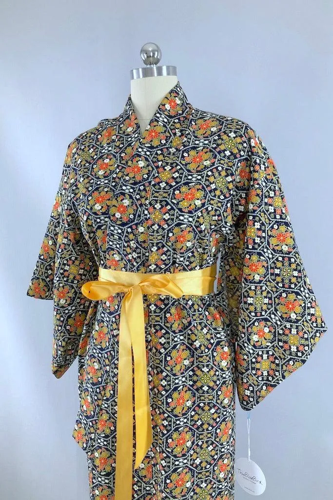 Vintage Navy Blue Retro 80s Kimono