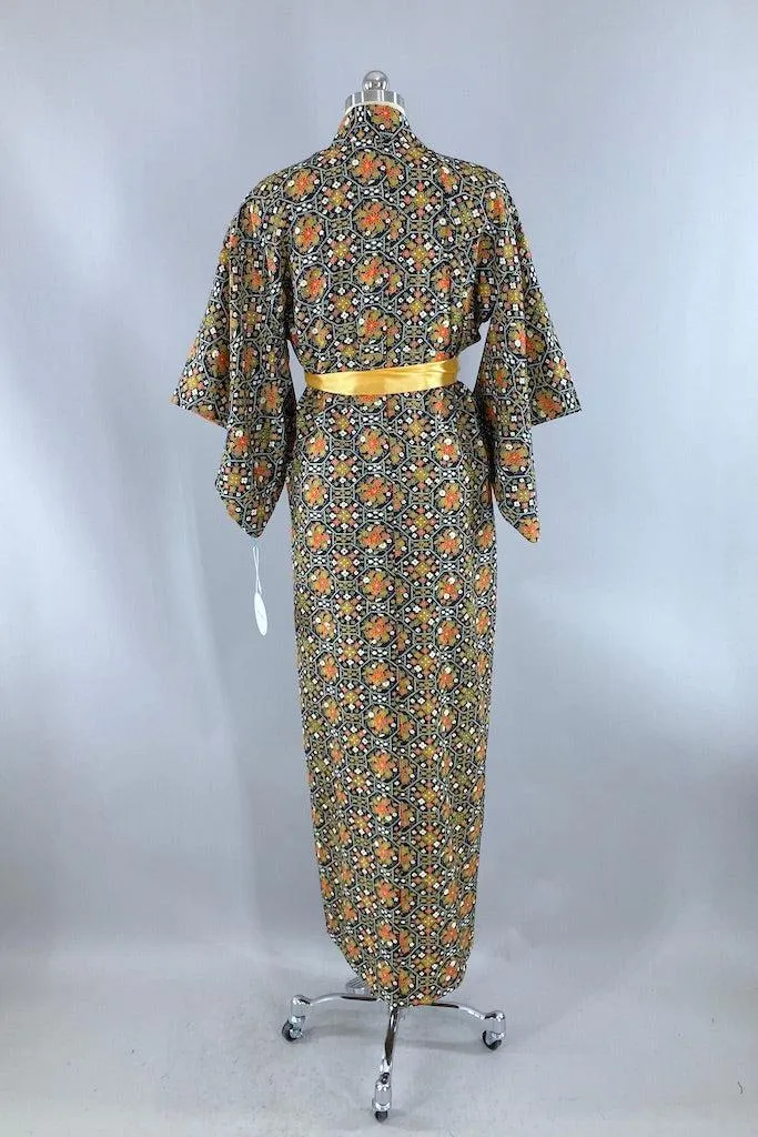Vintage Navy Blue Retro 80s Kimono