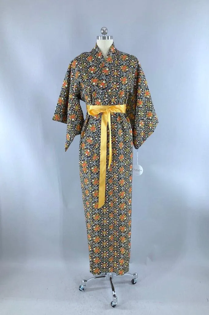 Vintage Navy Blue Retro 80s Kimono