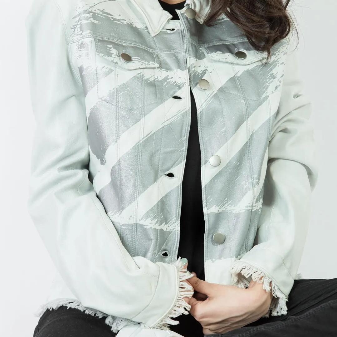 White Printed Leather Jacket