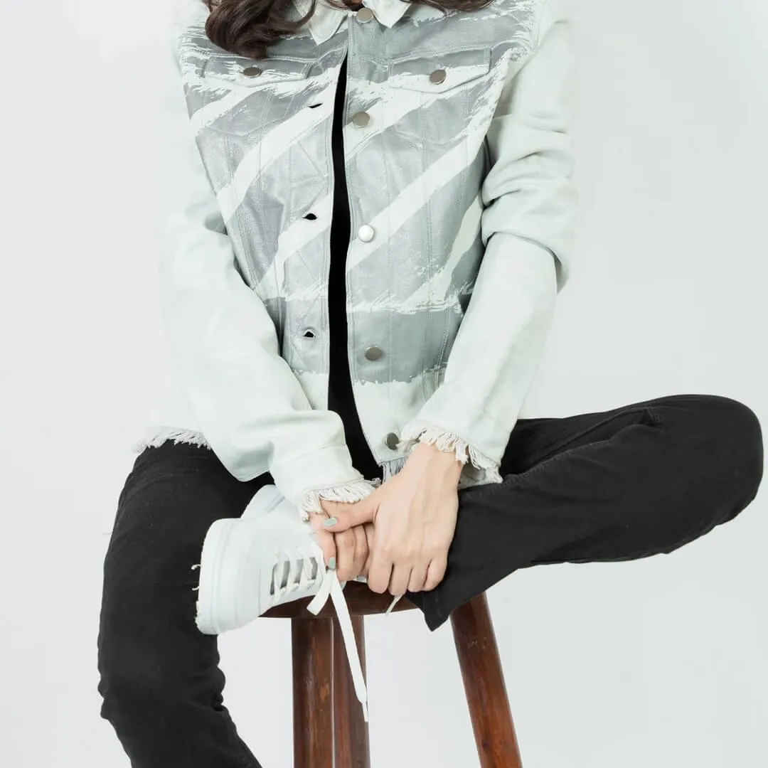 White Printed Leather Jacket