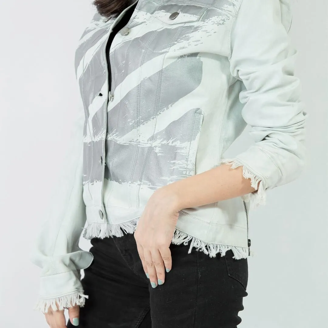 White Printed Leather Jacket