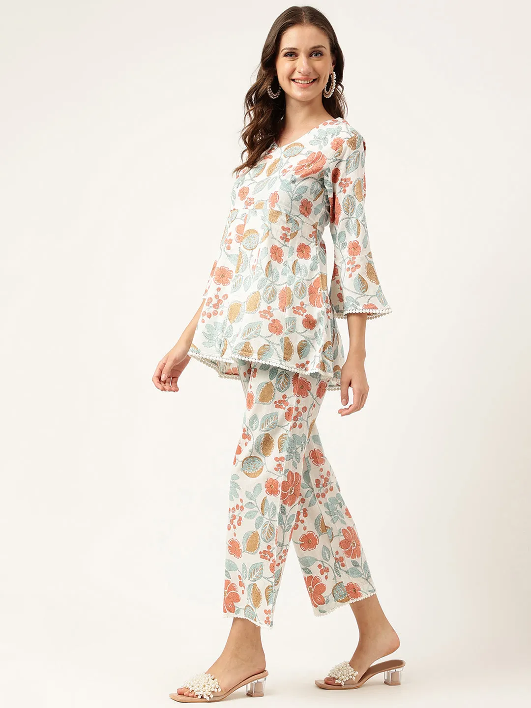Women Floral Printed Pure Cotton Tunic With Trousers