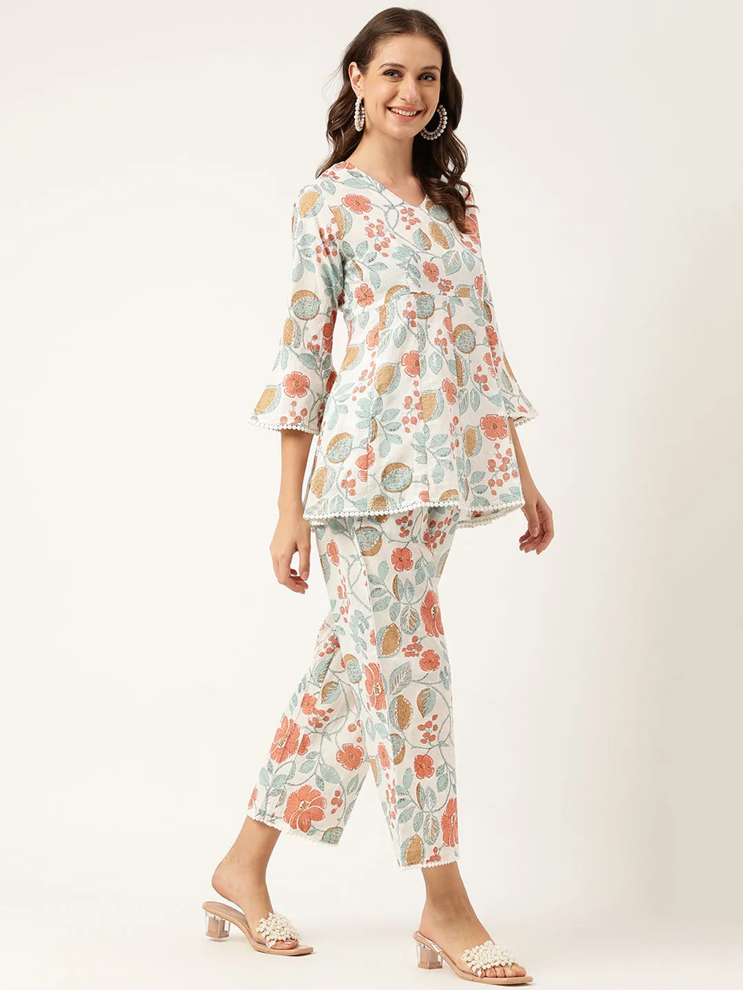 Women Floral Printed Pure Cotton Tunic With Trousers