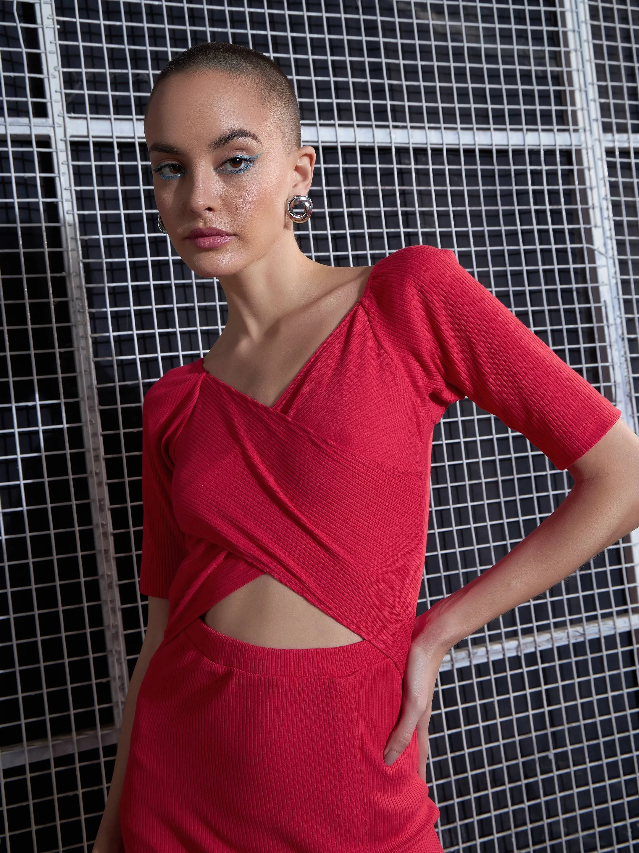 Women Red Side Slit V-Neck Rib Midi Dress