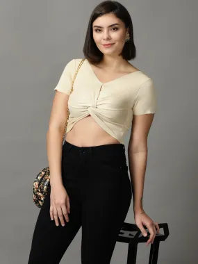 Women's Beige Solid Wrap Crop Top