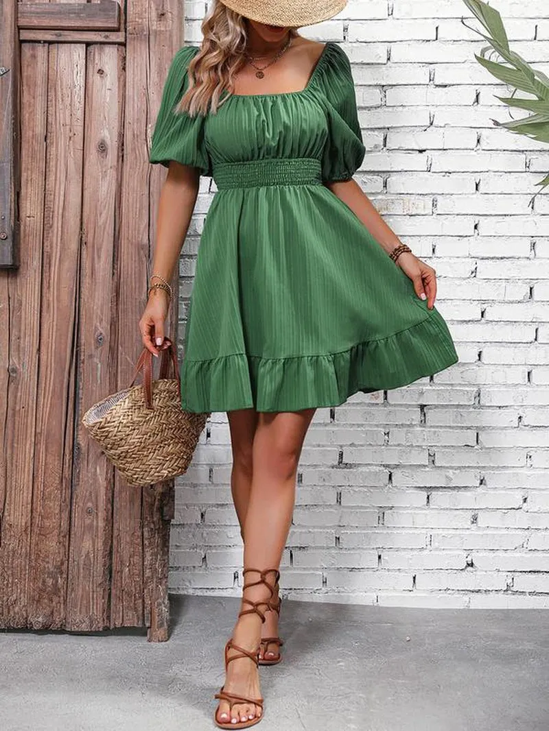 Women'S Puff Sleeve Square Neck Tie Back Shirred A-Line Short Dress, Women'S Summer Clothes, Casual Solid Flared Dresses for Outdoor Beach Vacation Holiday, Comfort Basic Minimalist Womenswear, Summer Outfits 2024