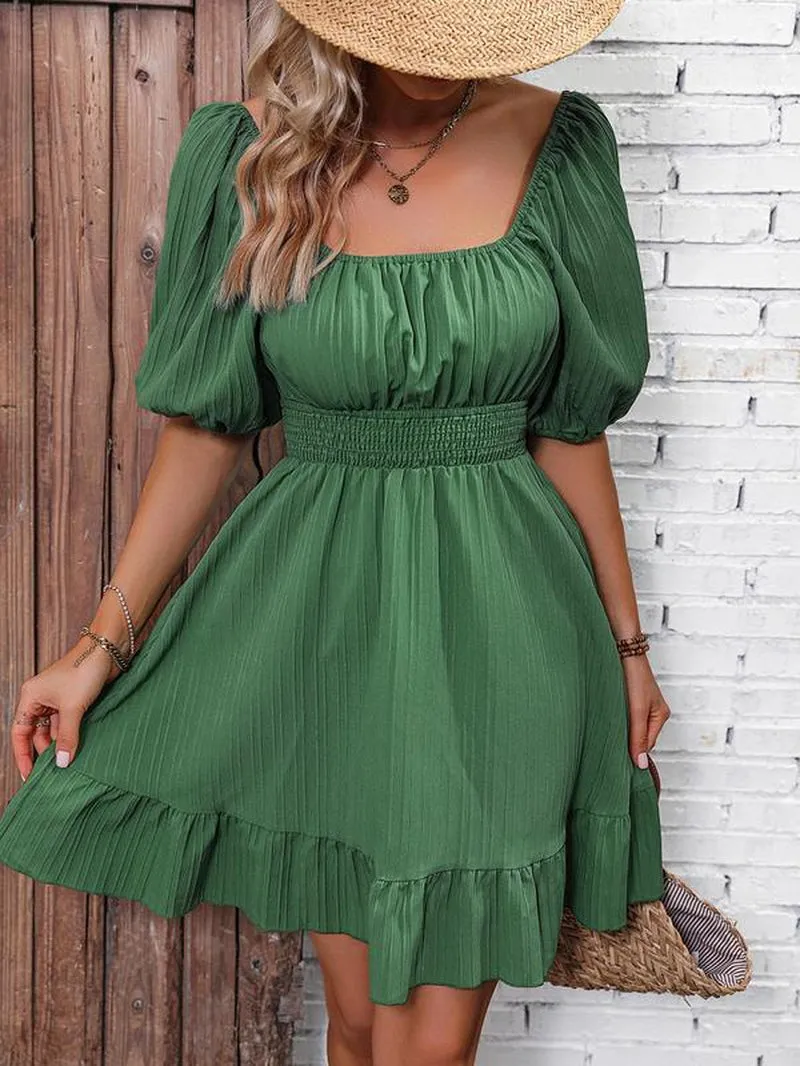 Women'S Puff Sleeve Square Neck Tie Back Shirred A-Line Short Dress, Women'S Summer Clothes, Casual Solid Flared Dresses for Outdoor Beach Vacation Holiday, Comfort Basic Minimalist Womenswear, Summer Outfits 2024